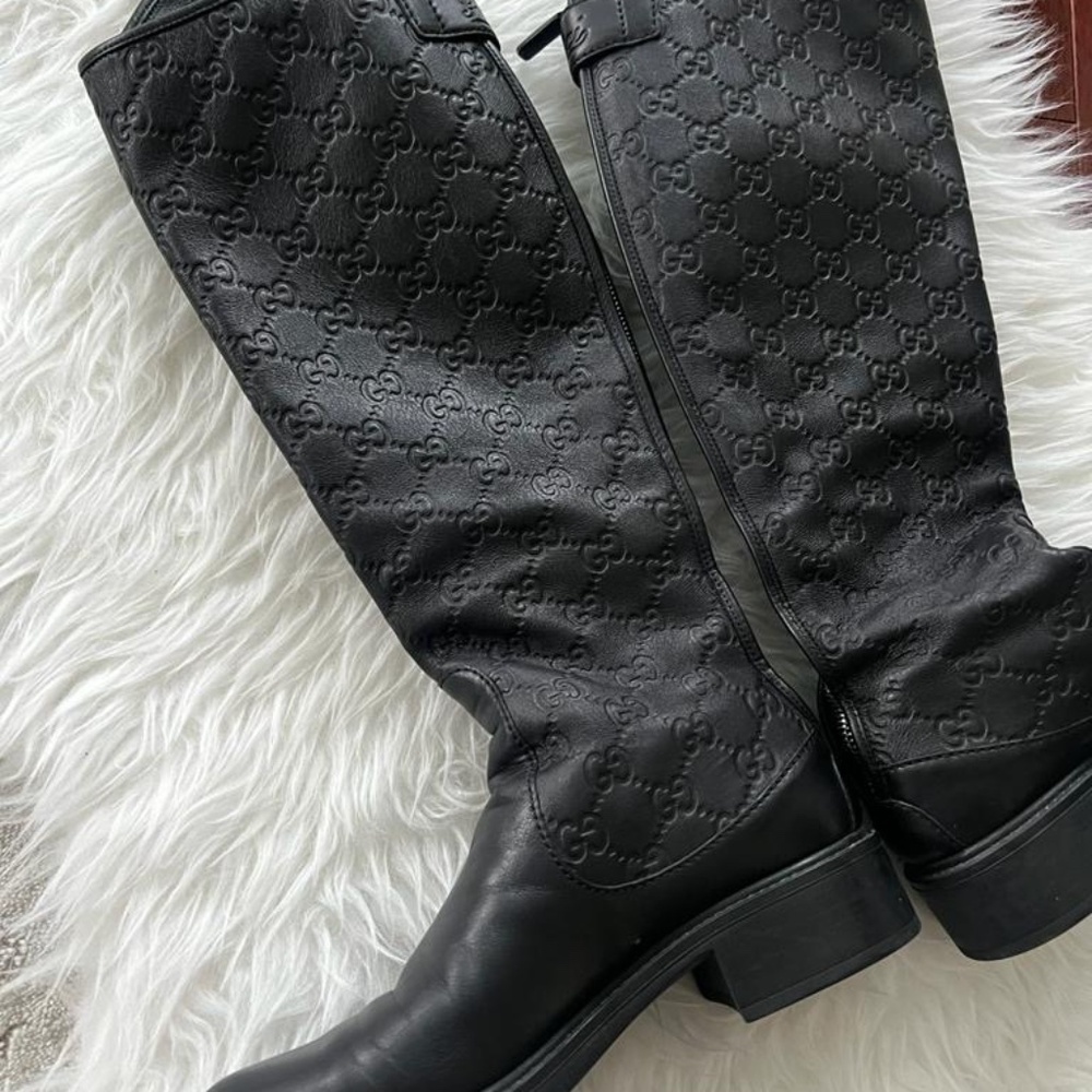 GUCCI Black Guccissima Leather GG Tall Riding Boots